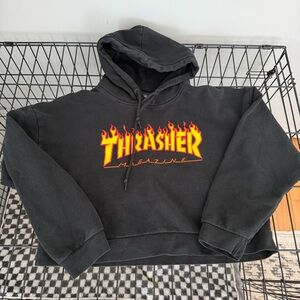 Cropped Thrasher Black Hoodie with Flame Logo in Orange and Yellow